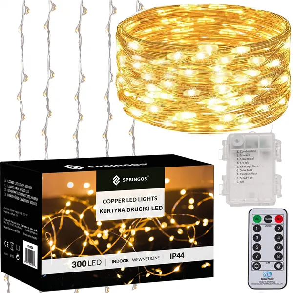 Ziemassvētku LED lampiņu aizkars Springos CL0183, 300 LED, 3X3 m, silti balts